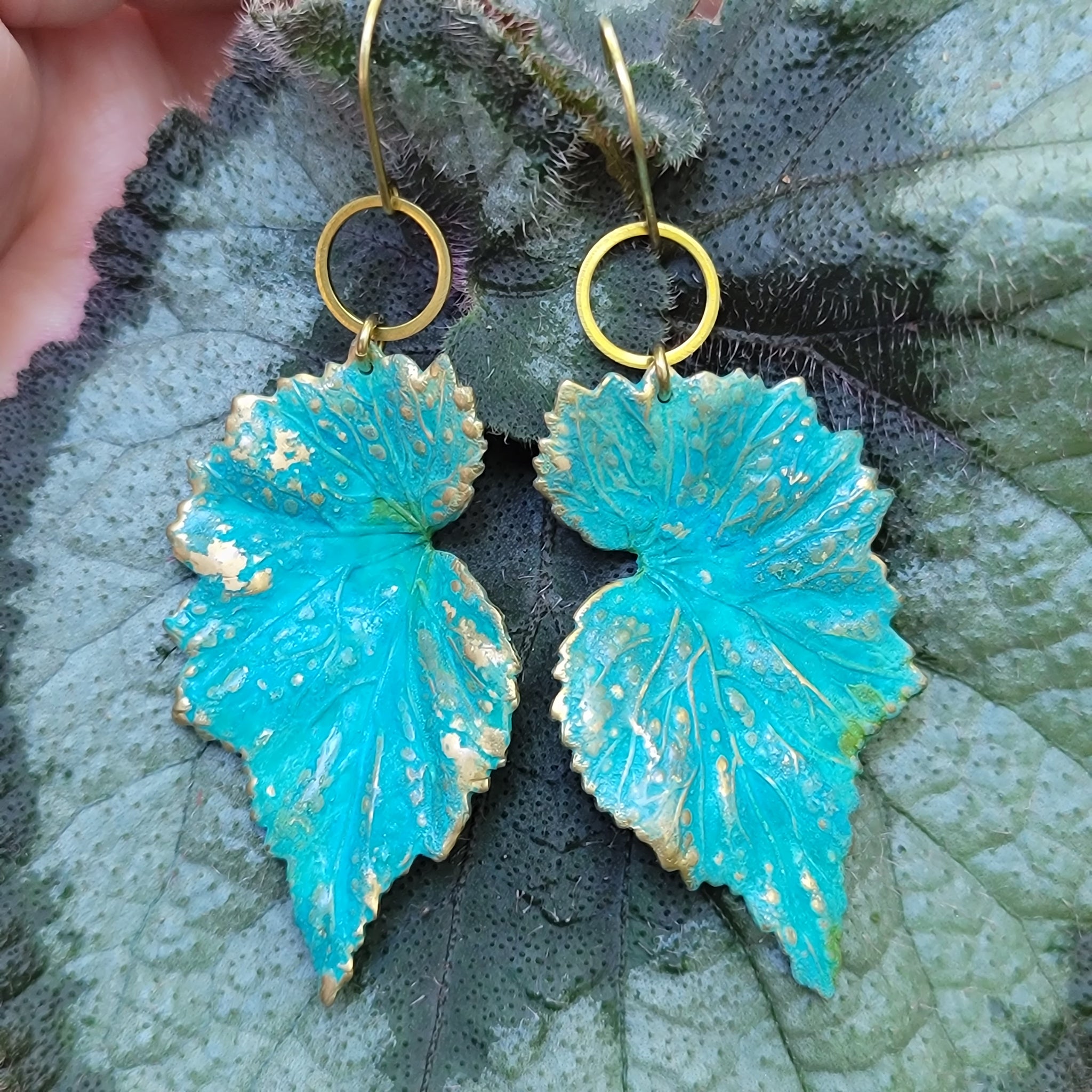 Verdigris Begonia Leaf Brass Earrings