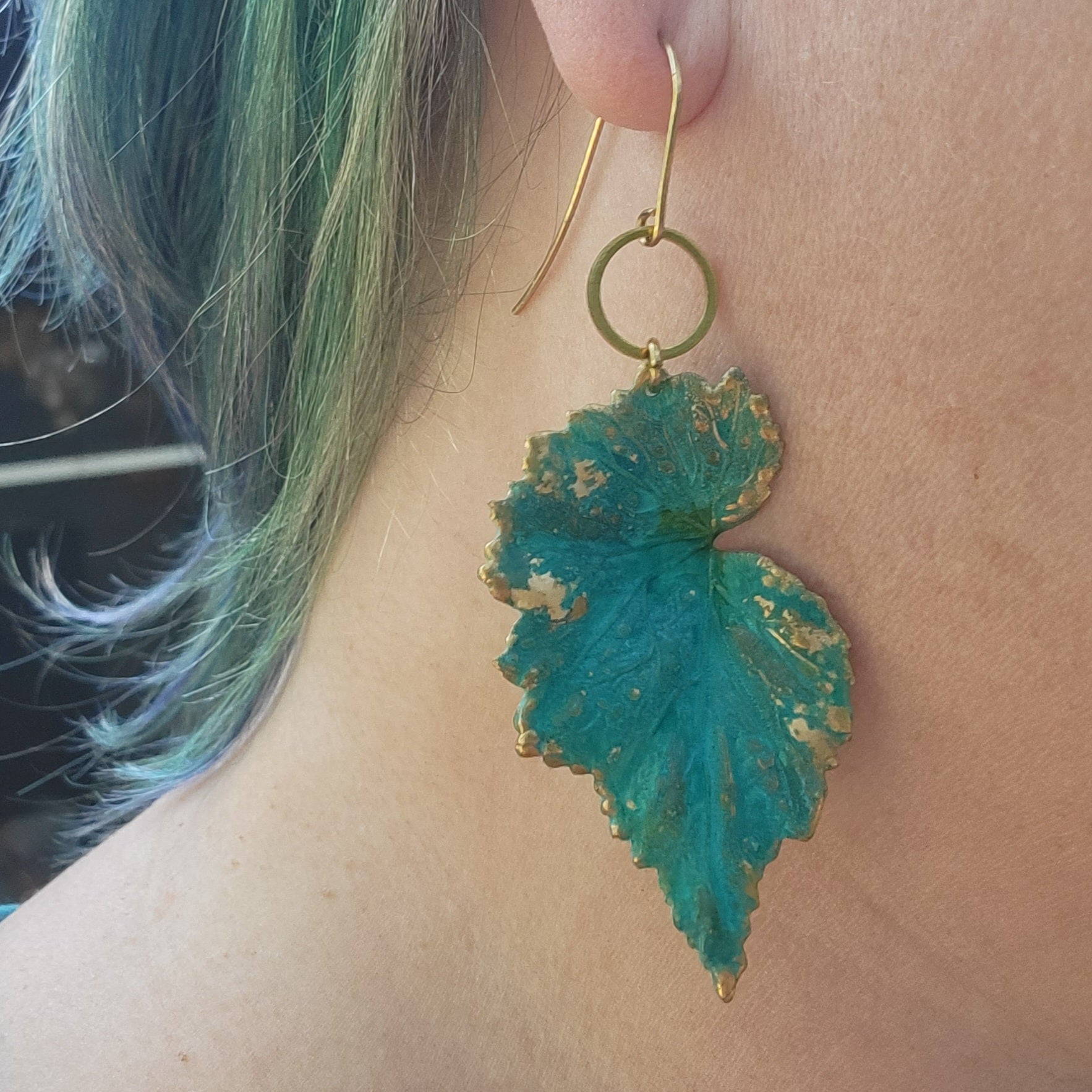 Verdigris Begonia Leaf Brass Earrings