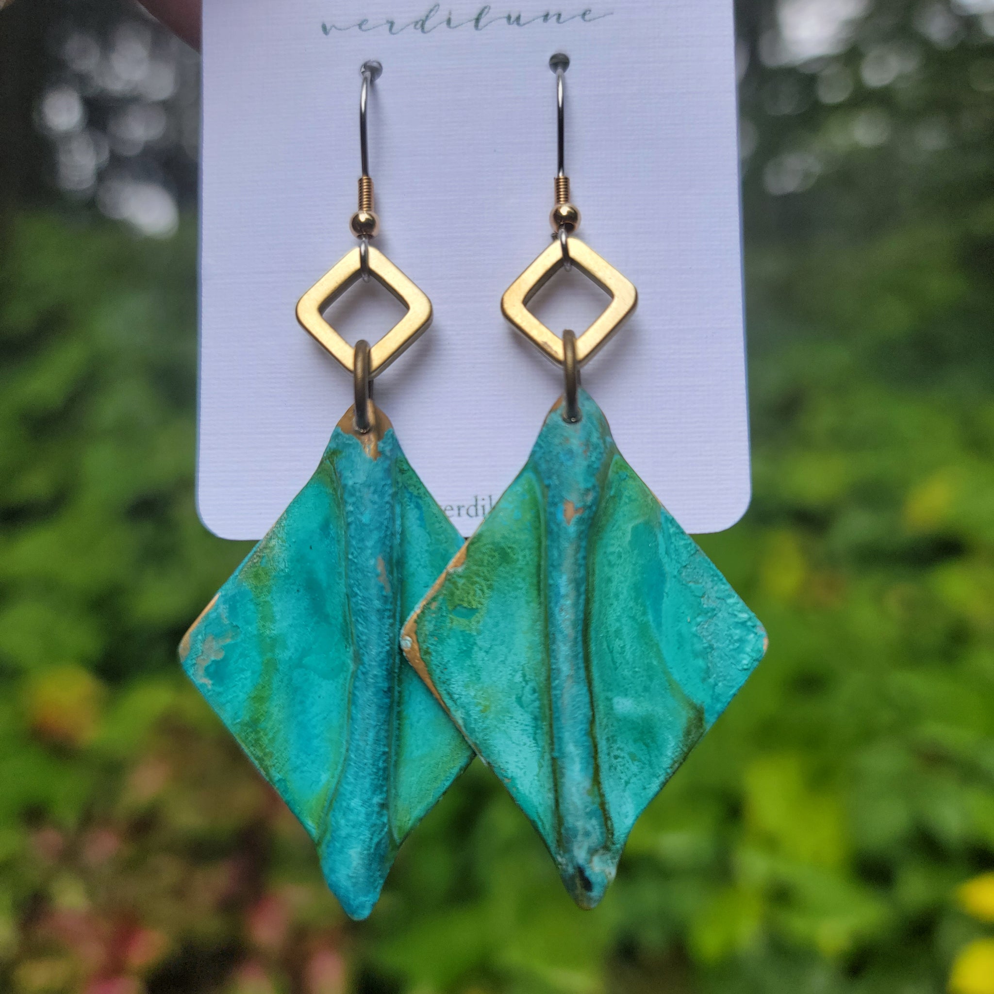 Verdigris Green Fold Formed Brass Drop Earrings