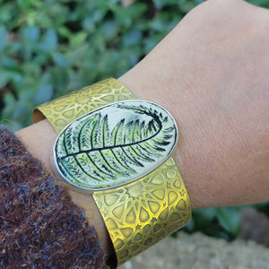 Rustic Ceramic Fern Cuff in Brass