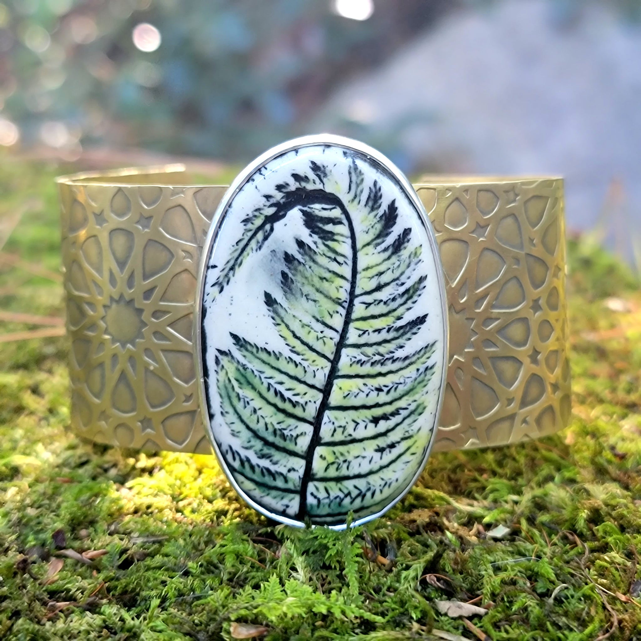 Rustic Ceramic Fern Cuff in Brass