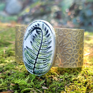 Rustic Ceramic Fern Cuff in Brass