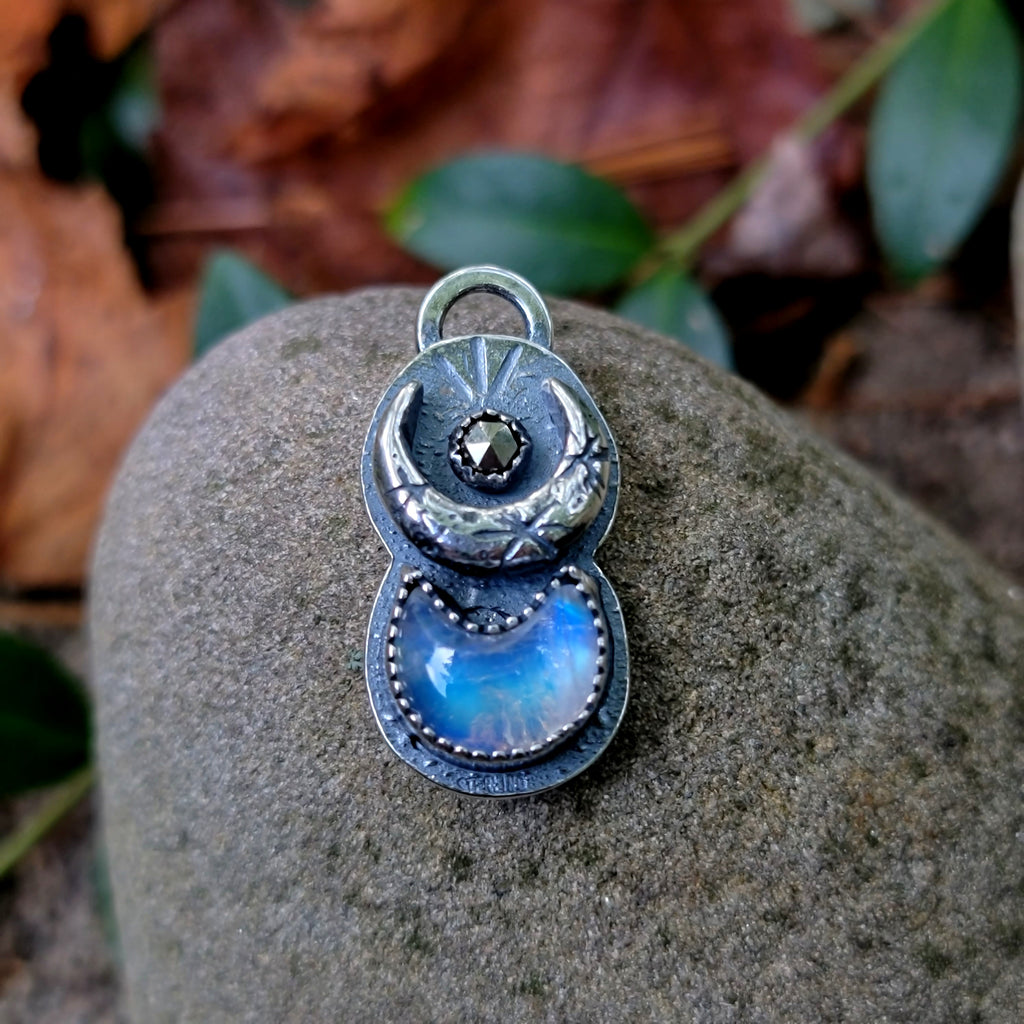 Sparkling Crescent Moon Pendant with Moonstone & Pyrite