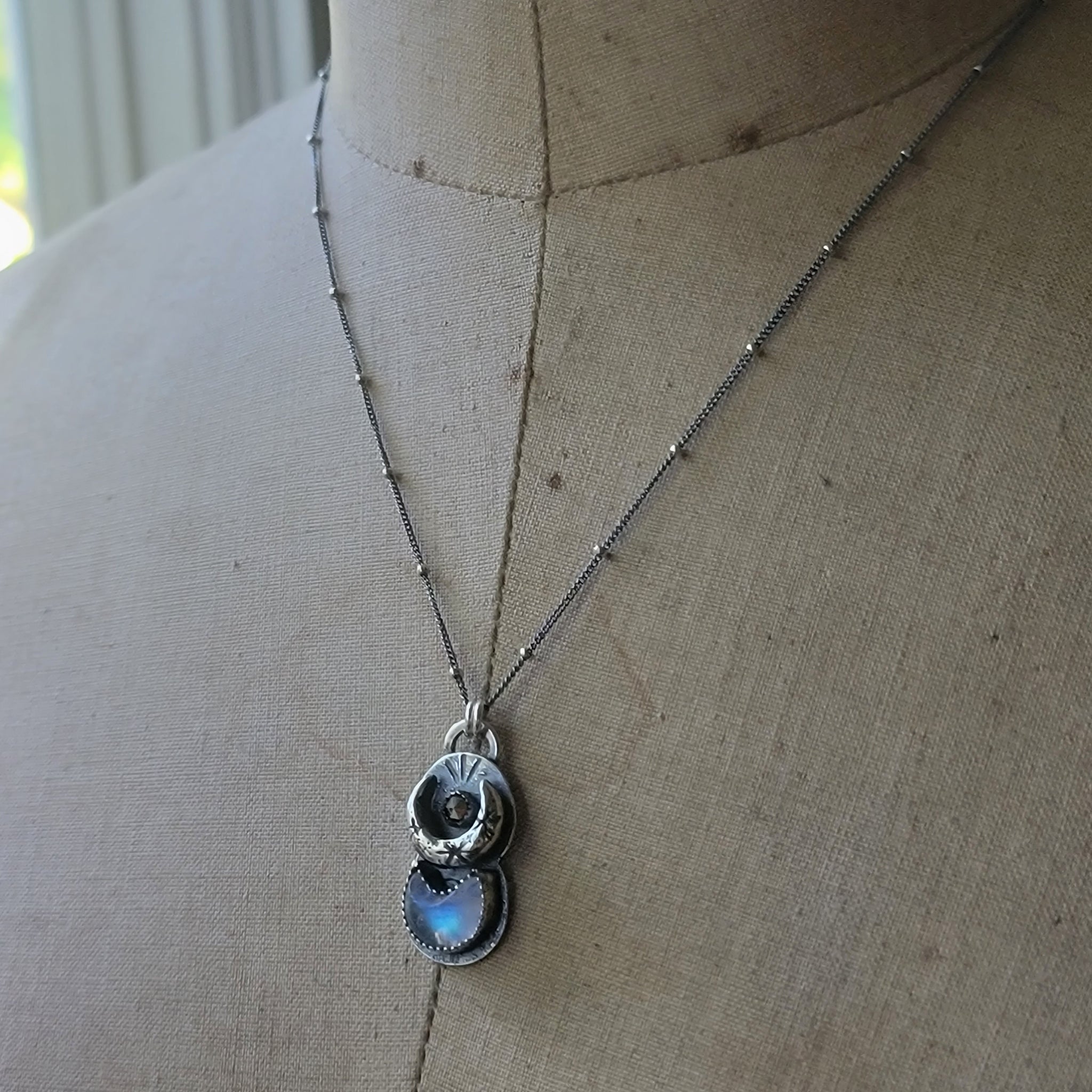 Sparkling Crescent Moon Pendant with Moonstone & Pyrite