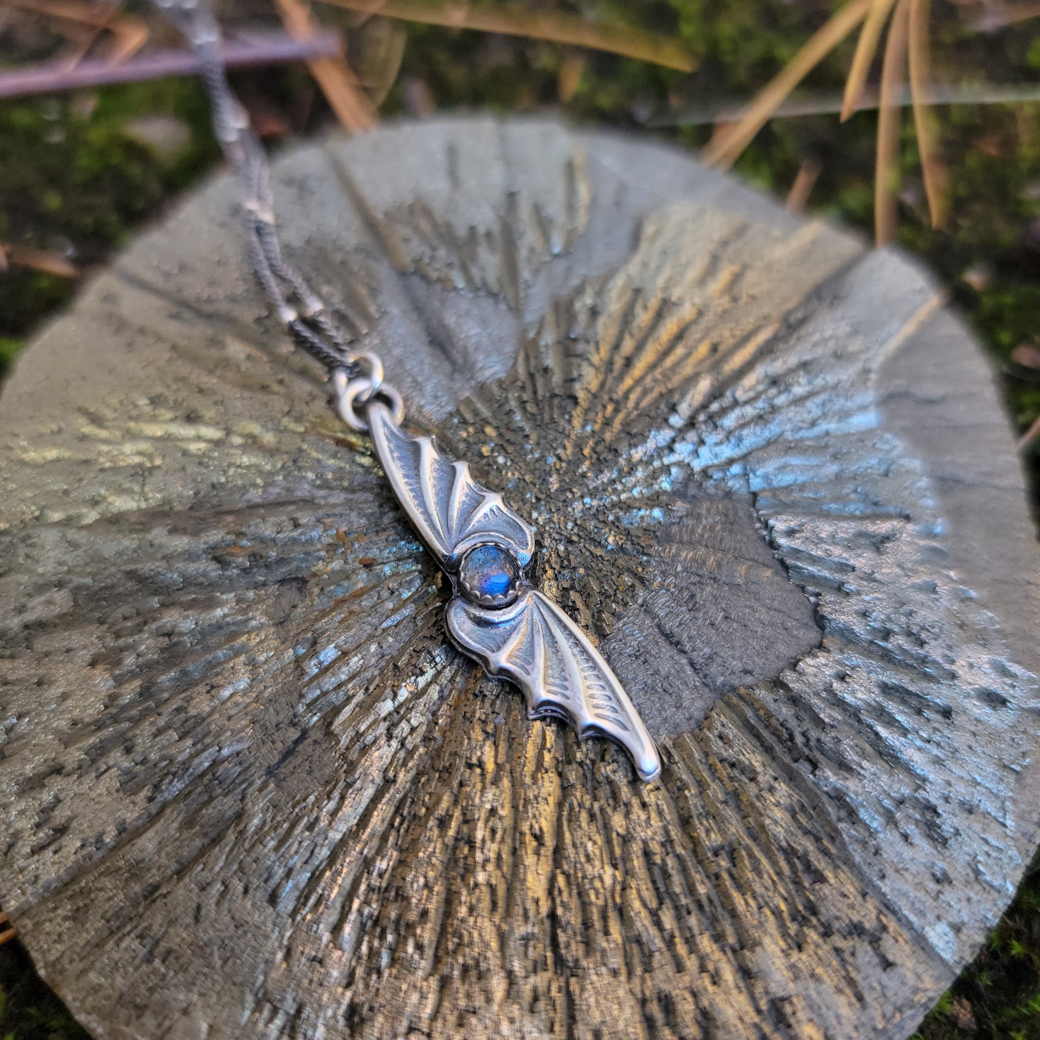 Bat Wings Pendant in Fine Silver with Labradorite