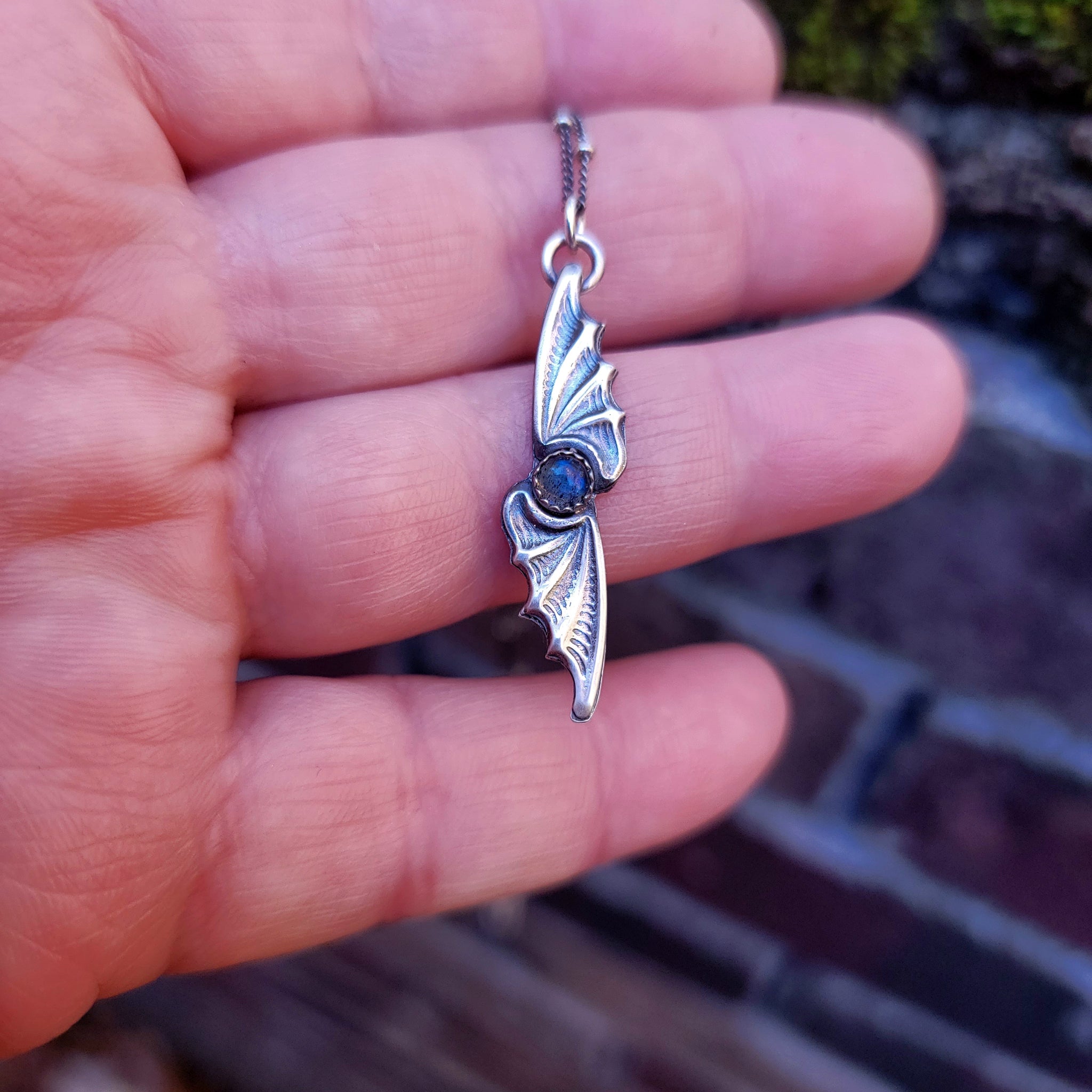 Bat Wings Pendant in Fine Silver with Labradorite