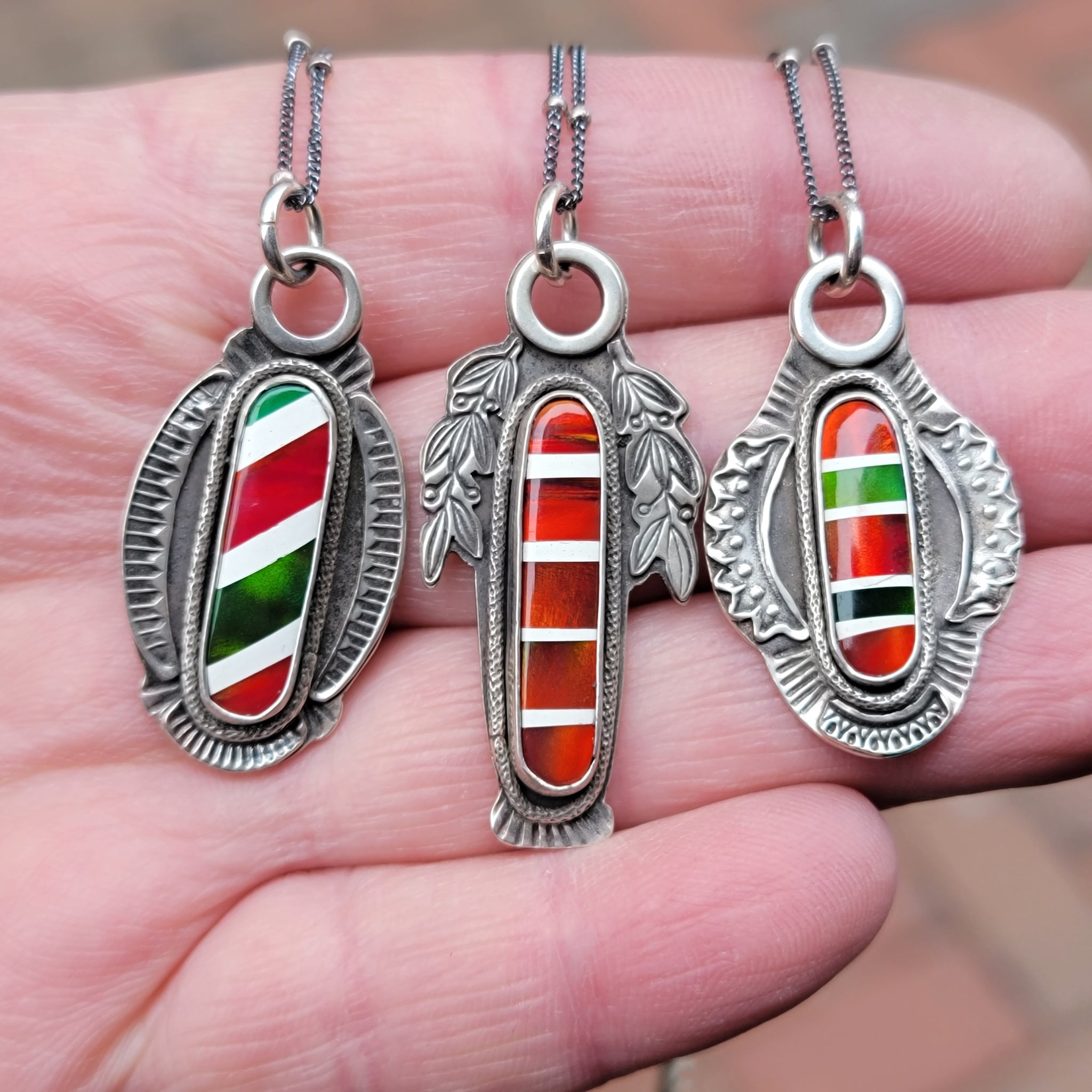 Candy Cane Striped Opal Pendants in Sterling Silver