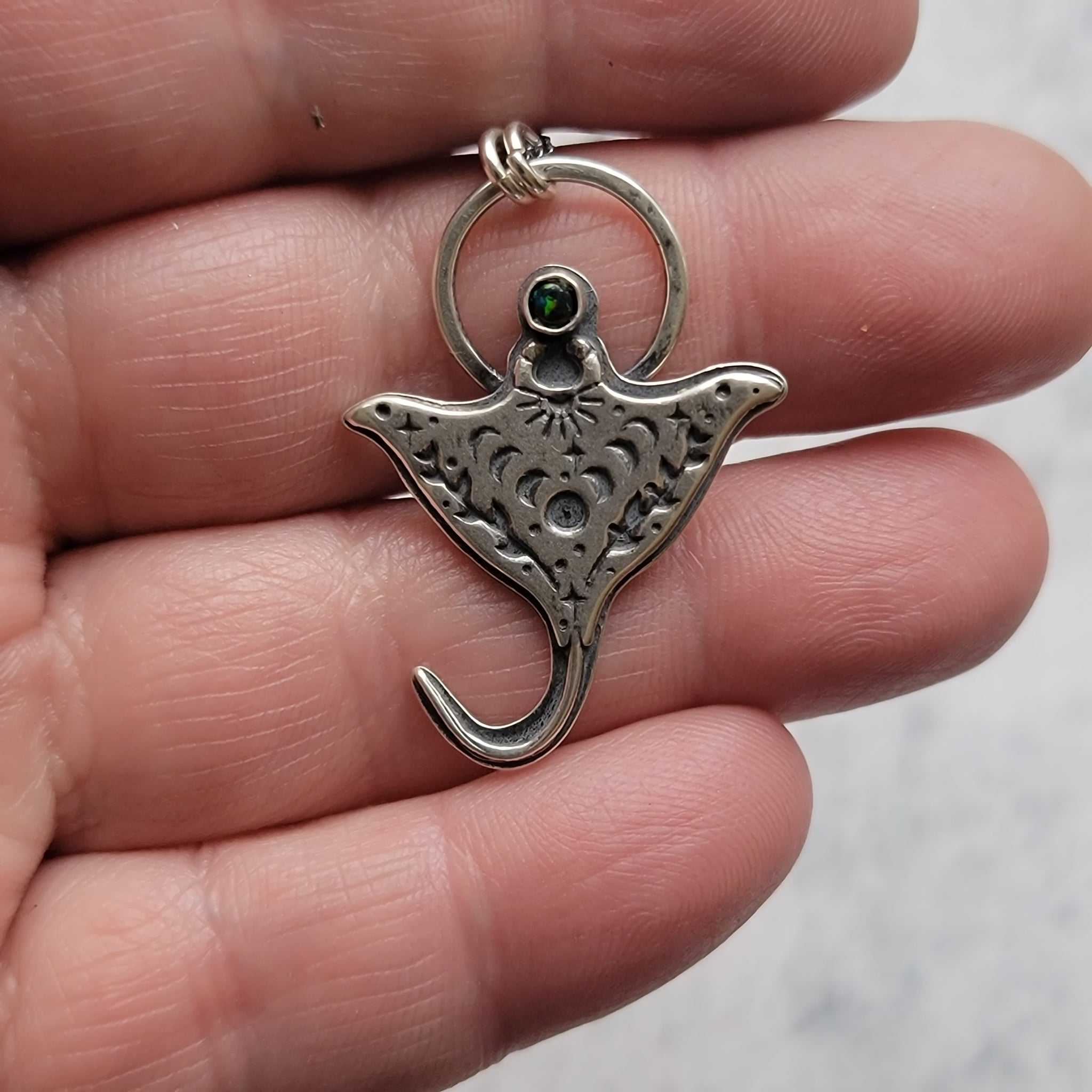 Celestial Manta Ray Pendant in Sterling Silver Silver with Black Opal