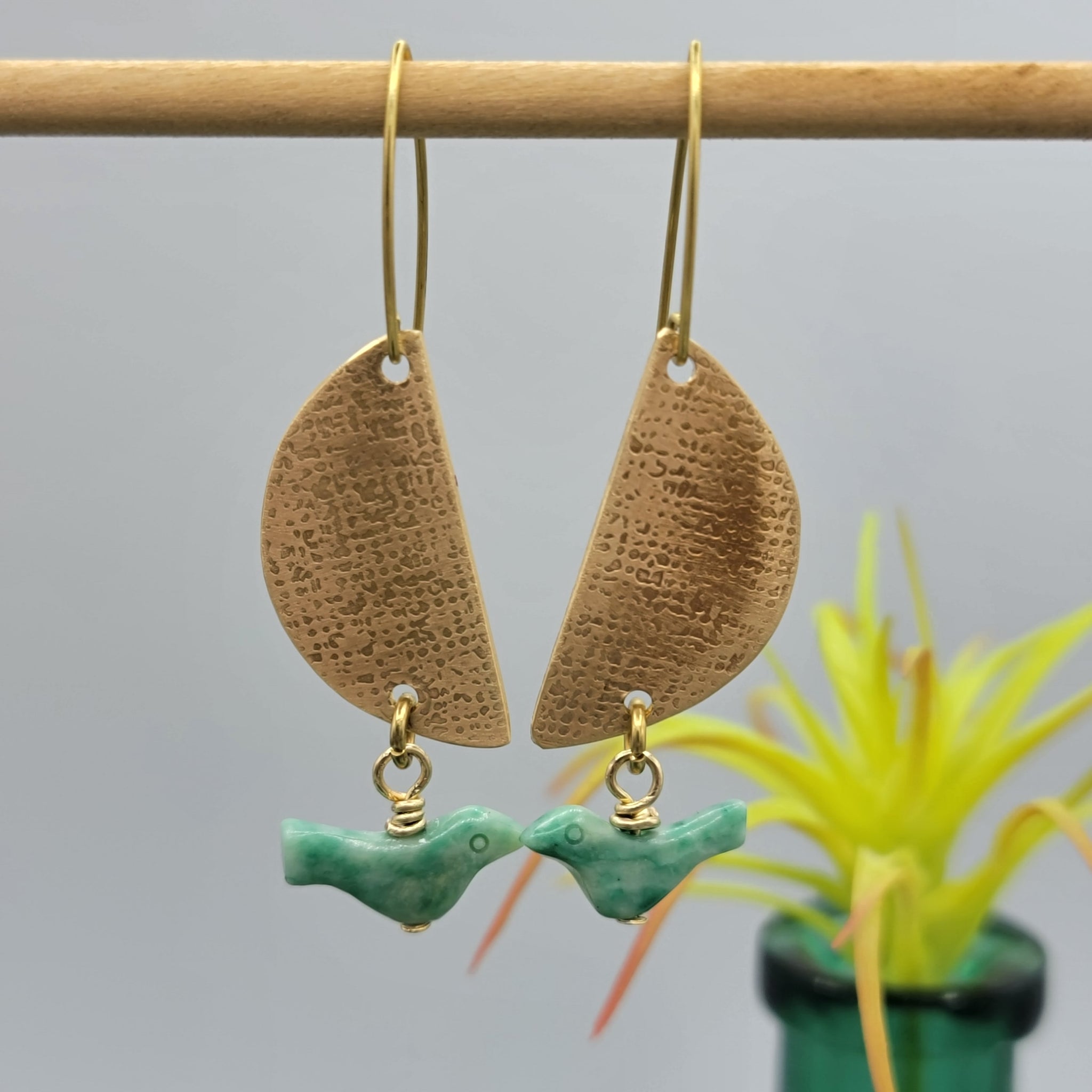 Textured Brass & Carved Aventurine Bird Earrings