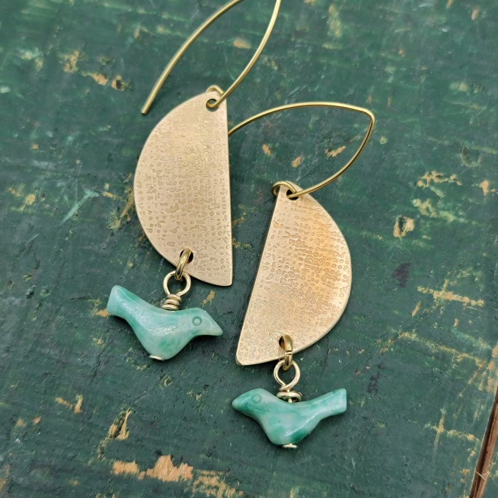 Textured Brass & Carved Aventurine Bird Earrings