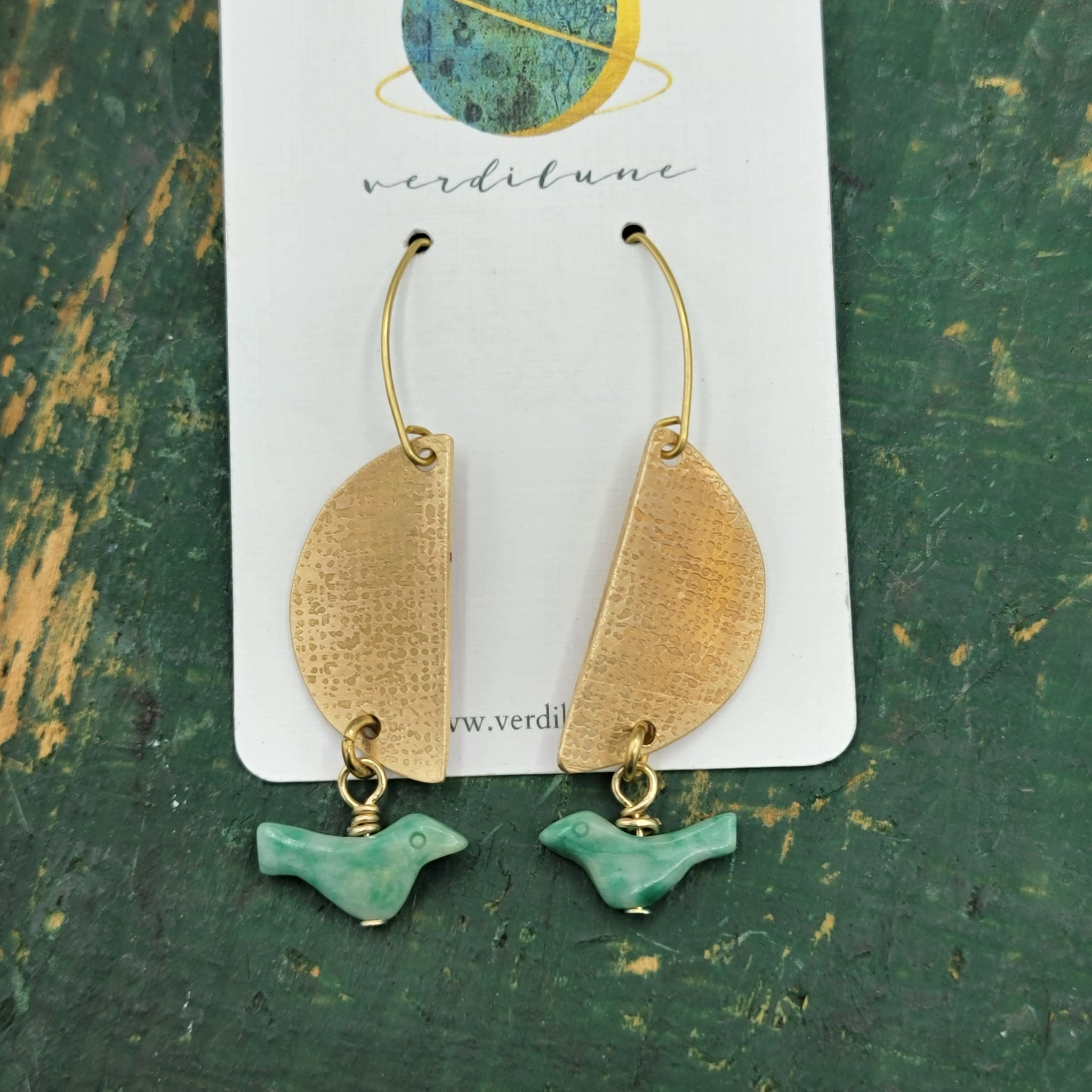 Textured Brass & Carved Aventurine Bird Earrings