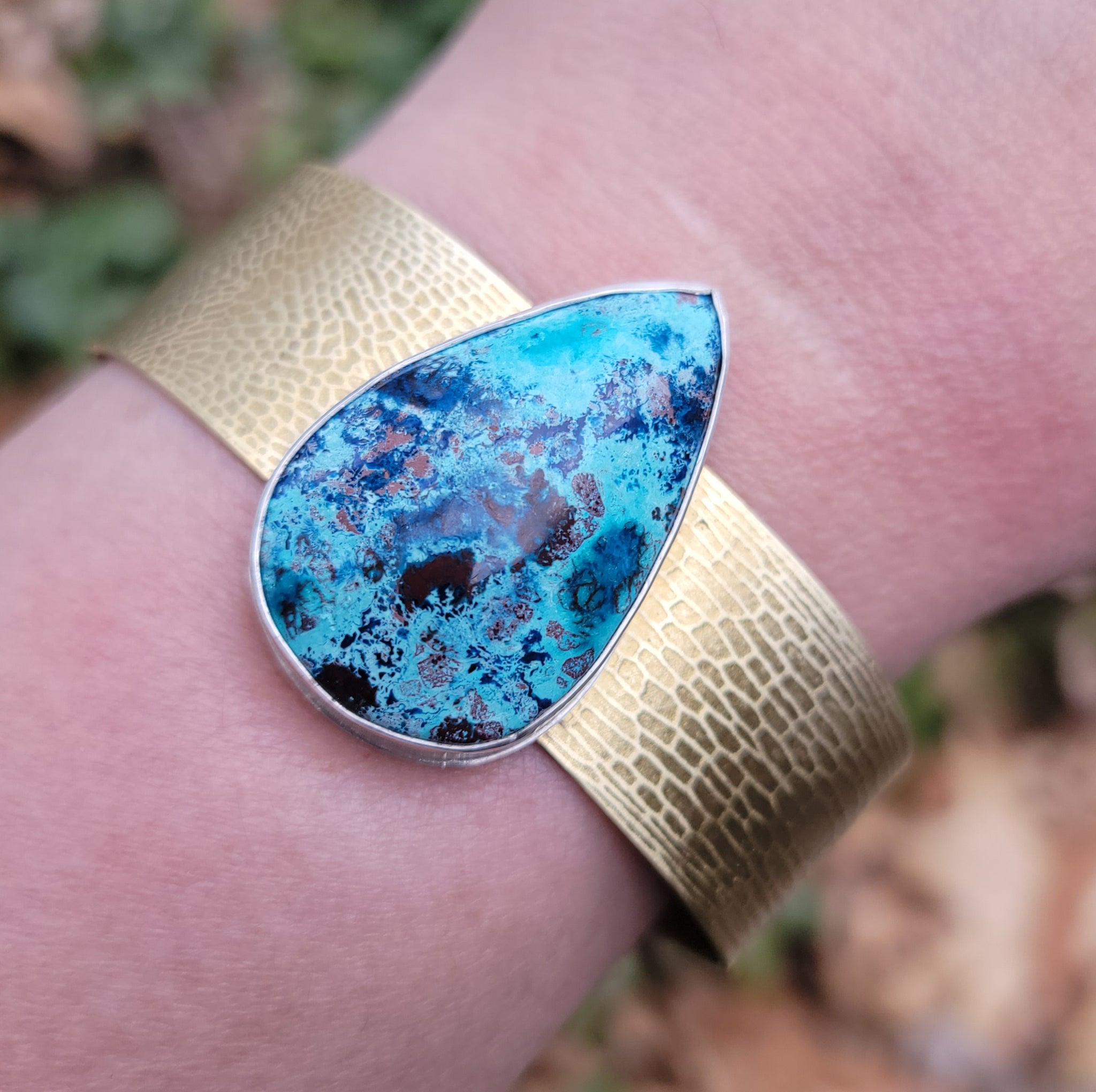 Shattuckite Statement Cuff Bracelets in Copper & Brass