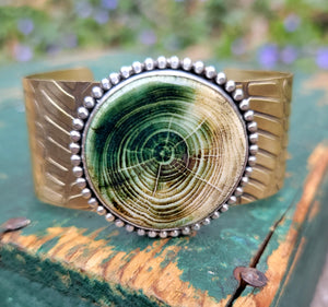 Green Wood Grain Ceramic Cab Statement Cuff Bracelets in Brass