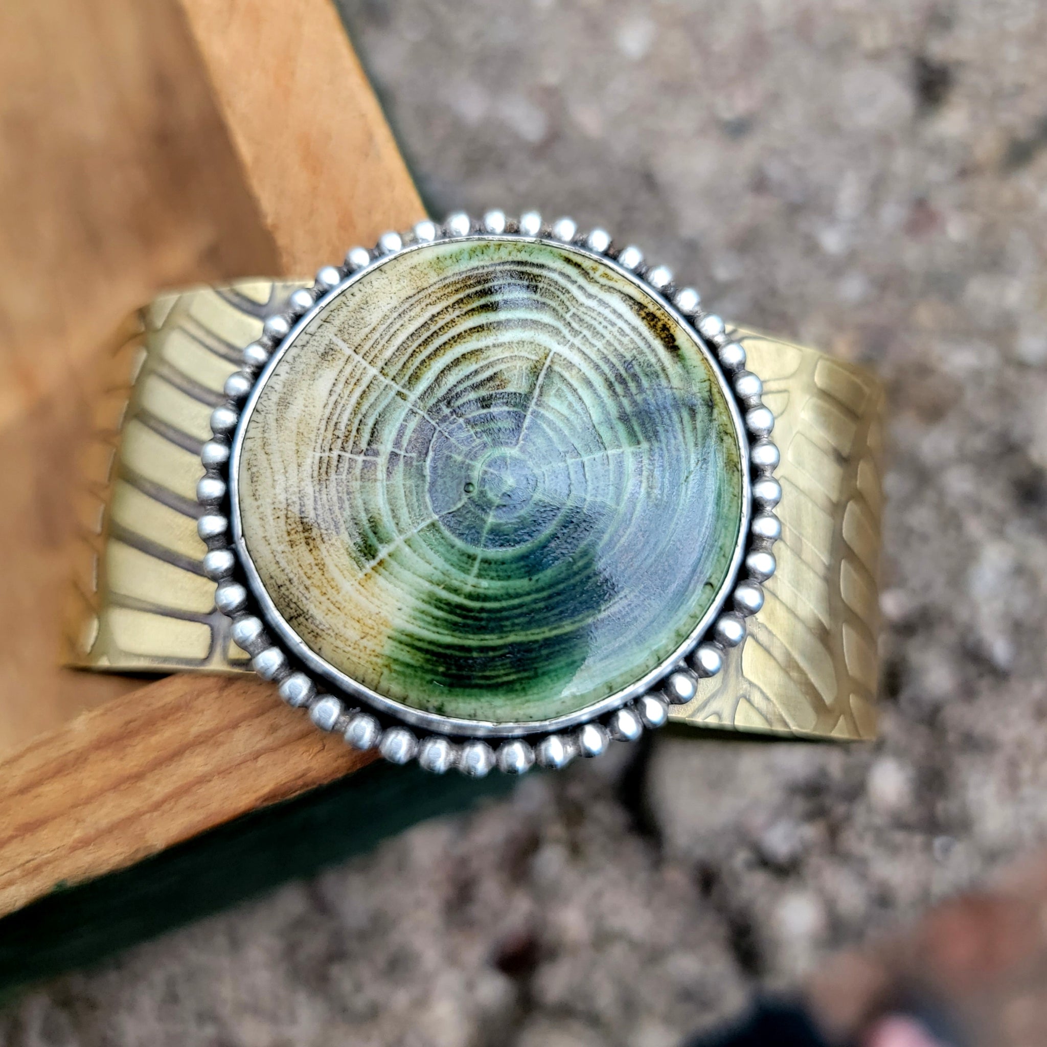 Green Wood Grain Ceramic Cab Statement Cuff Bracelets in Brass