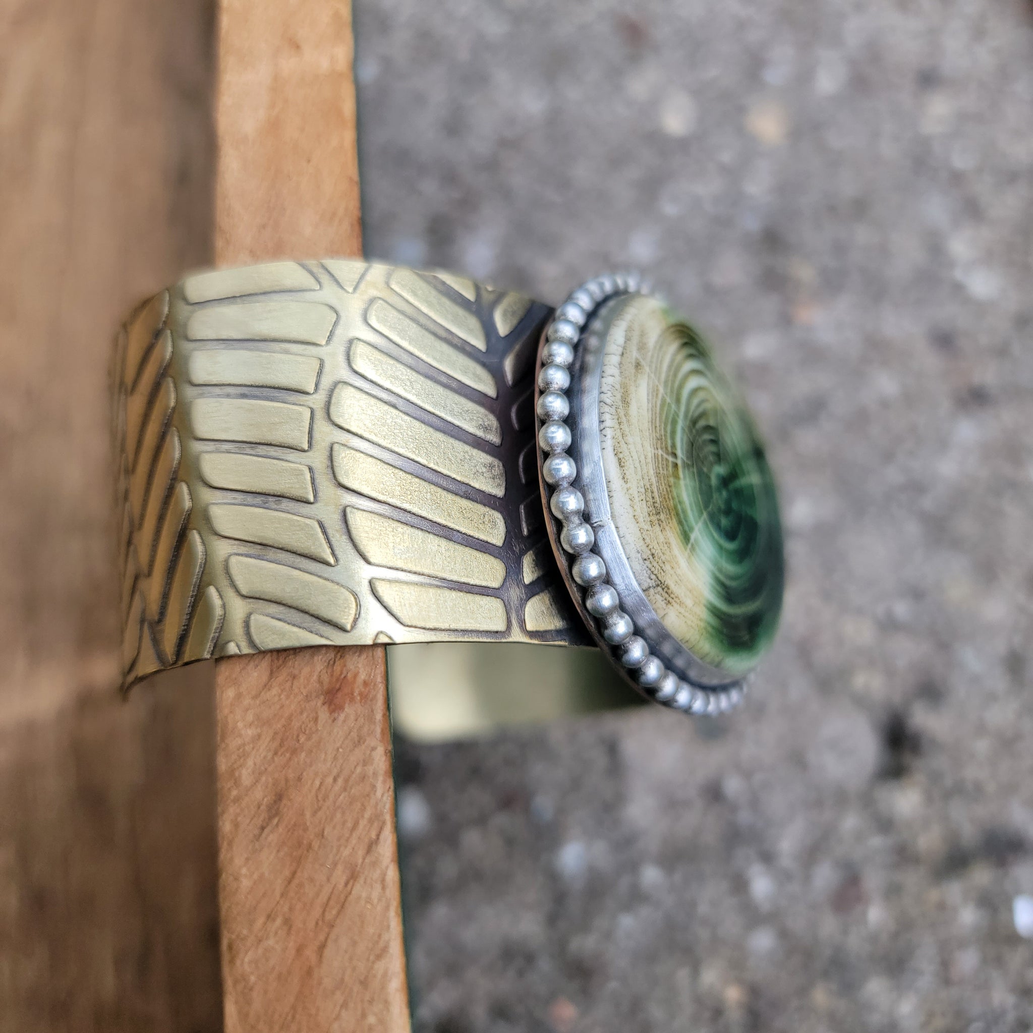 Green Wood Grain Ceramic Cab Statement Cuff Bracelets in Brass