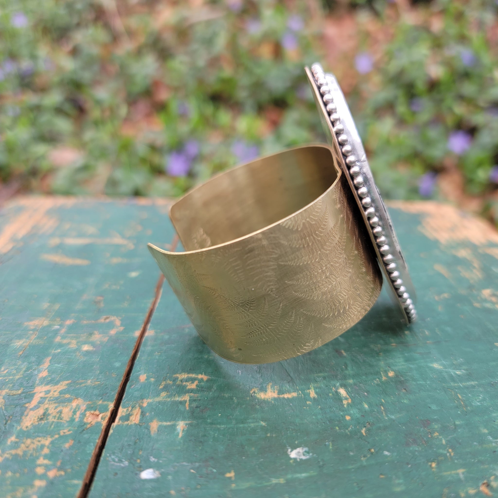 Green Wood Grain Ceramic Cab Statement Cuff Bracelets in Brass