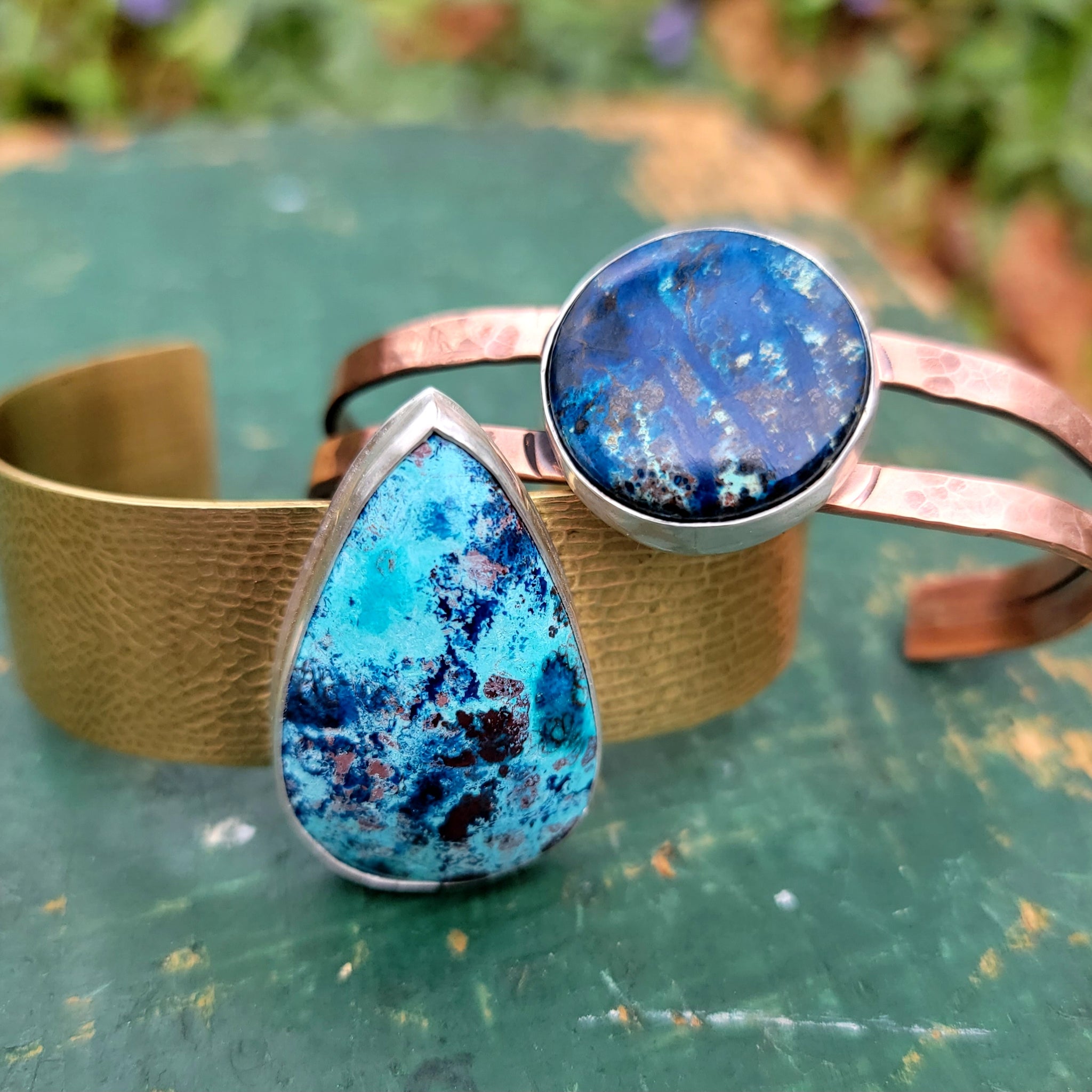 Shattuckite Statement Cuff Bracelets in Copper & Brass