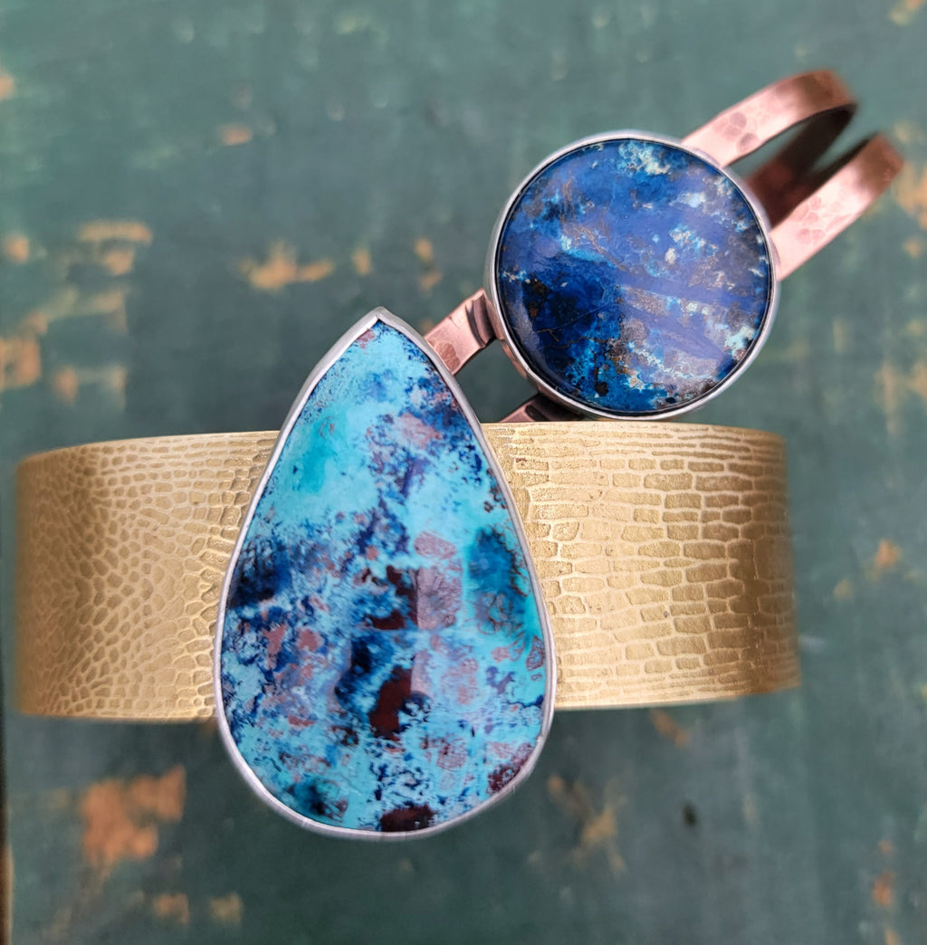 Shattuckite Statement Cuff Bracelets in Copper & Brass