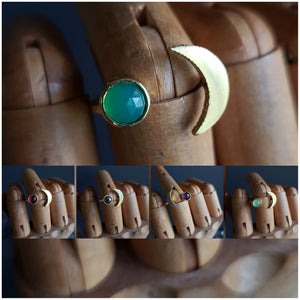 Gemstone Crescent Moon Adjustable Brass Ring